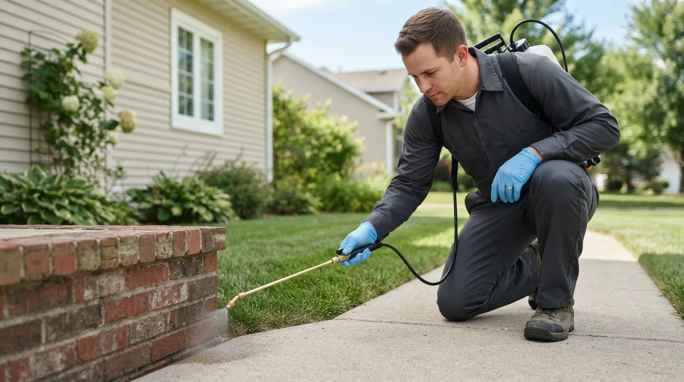 Pest control technician treating a home near Corydon, IN