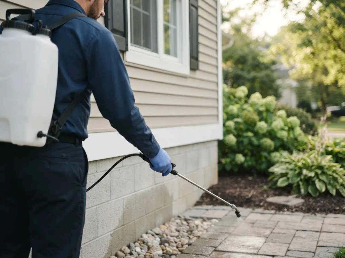 Pest control technician inspecting a home in Corydon, IN